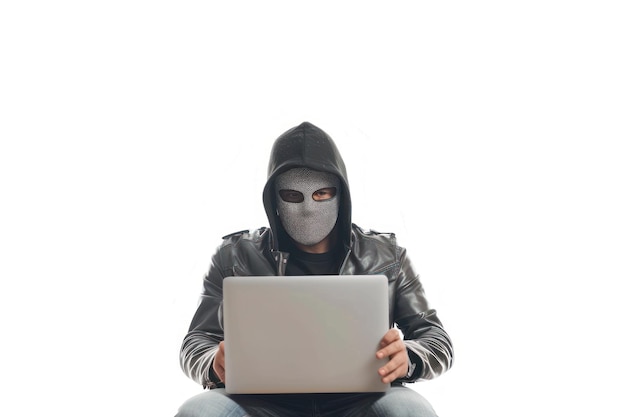 Un uomo con una maschera da ladro nero si siede con un portatile isolato su uno sfondo bianco