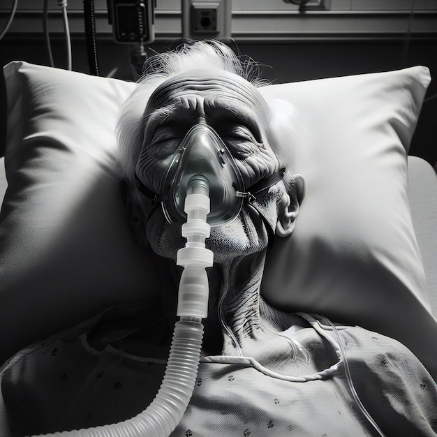 un uomo con una maschera di ossigeno in un letto d'ospedale