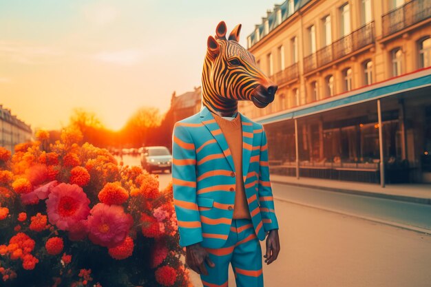 Un uomo con una maschera di zebra blu in piedi su un angolo di strada