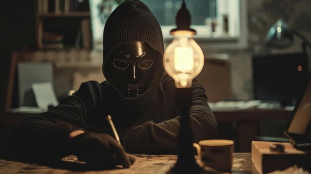 un uomo con una maschera e un cappuccio che scrive sotto una lampada circondato da disordine