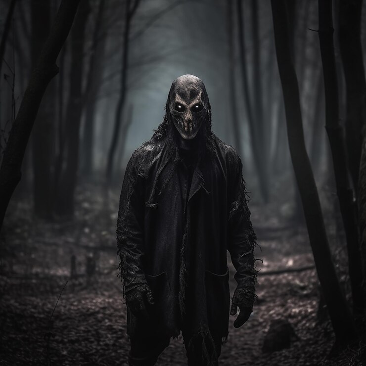 Un uomo con una maschera nera si trova in una foresta oscura con una luce sul viso.