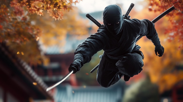Foto un uomo con una maschera nera sta tenendo un coltello con una spada in mano