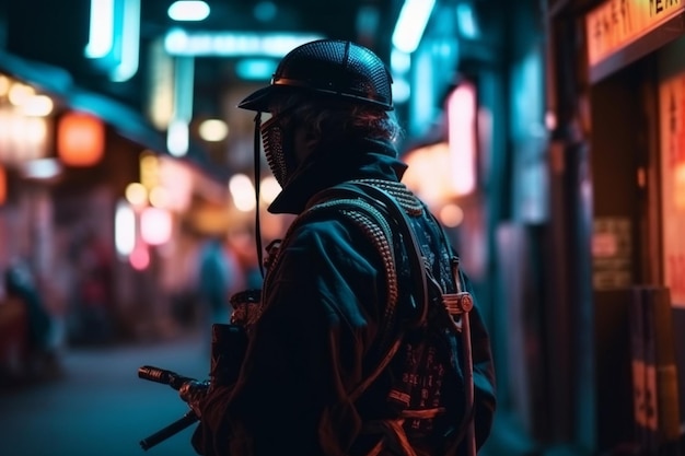 Un uomo con una maschera si trova in un vicolo buio con un'insegna al neon che dice "Sono un agente di polizia"