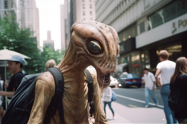 Un uomo con una maschera si trova sul marciapiede a New York.