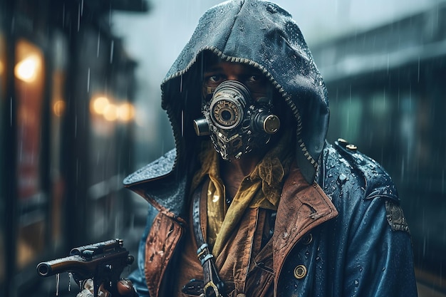 Un uomo con una maschera steampunk e una pistola sotto la pioggia IA generativa