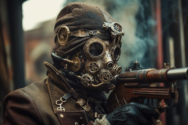 Un uomo con una pistola in una maschera generativa in stile steampunk ai