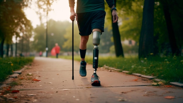 Un uomo con una protesi alla gamba cammina su un sentiero.