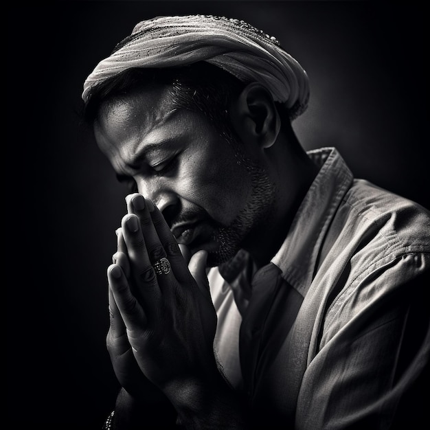 Un uomo con una sciarpa in testa sta pregando