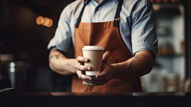 Un uomo con una tazza di caffè davanti a un bancone