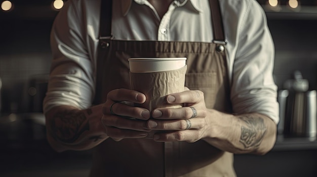 Un uomo con una tazza di caffè davanti a un bancone