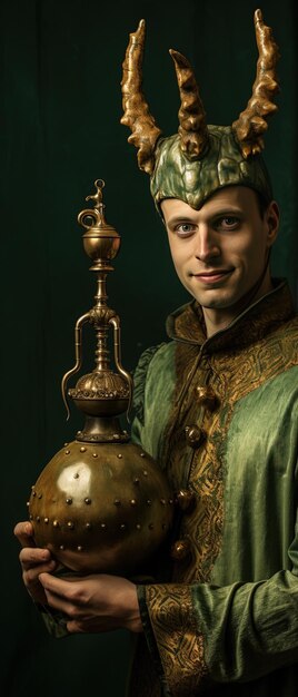 un uomo con una testa d'oro e un abito verde che tiene una campana