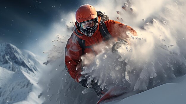 un uomo con una tuta arancione e un casco freestyle su uno snowboard in montagna bandiera di alta qualità