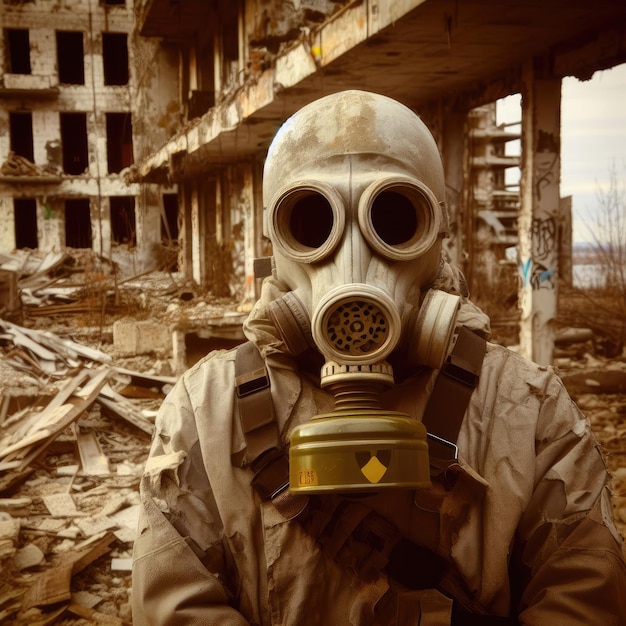 Un uomo con una tuta protettiva e una maschera anti-radiazioni in un edificio distrutto