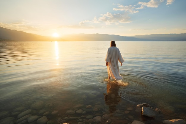 Un uomo con una veste bianca entra in acqua davanti a un tramonto.