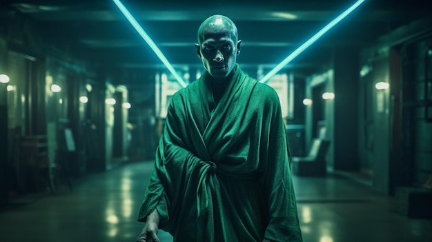 Un uomo con una veste verde si trova in una stanza buia con un'insegna al neon che dice "kung fu"