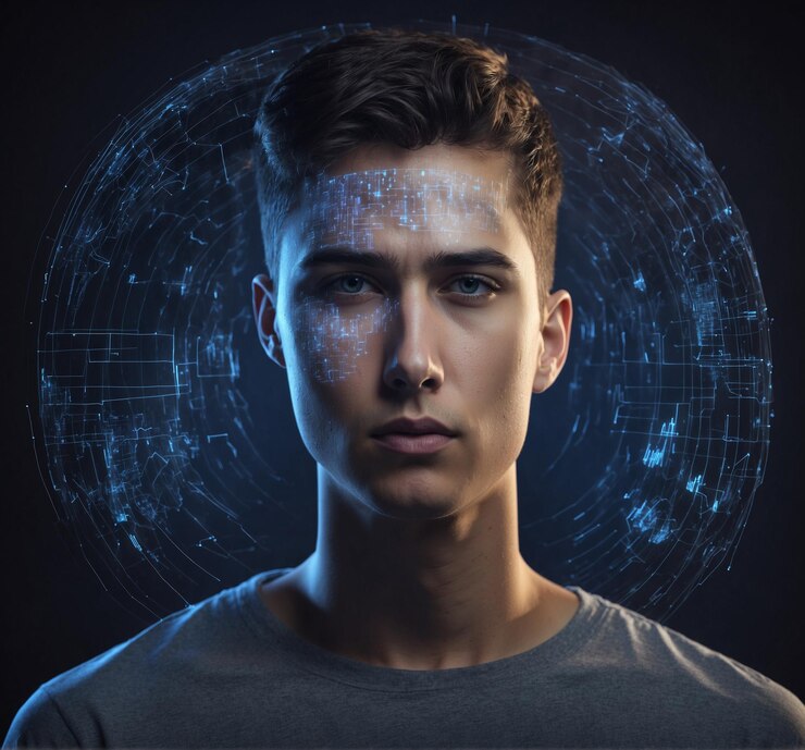un uomo con uno sfondo blu che dice cyber su di esso