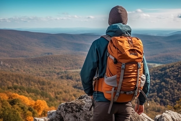 Un uomo con uno zaino arancione si trova sulla cima di una montagna guardando una valle.