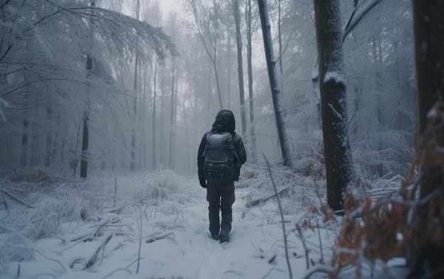 Un uomo con uno zaino cammina attraverso un viaggiatore della foresta innevata che fa un'escursione all'aria aperta ai generato