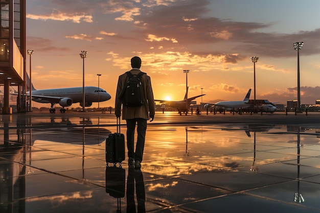 Un uomo con uno zaino che cammina verso un aeroporto al tramonto
