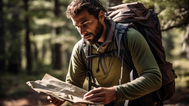 Un uomo con uno zaino che guarda la sua mappa ai