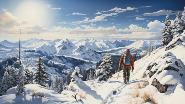 un uomo con uno zaino da escursione viaggia nelle montagne innevate ricreazione attiva banner copia illustrazione spaziale