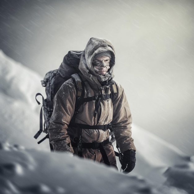 Un uomo con uno zaino e uno zaino sta attraversando una tempesta di neve.