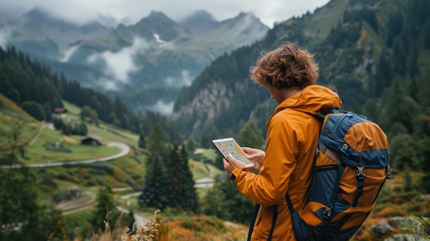 Un uomo con uno zaino è visto in piedi in montagna che studia attentamente una mappa nelle mani