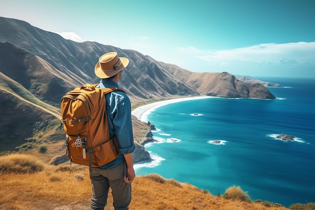 Un uomo con uno zaino guarda l'oceano e le montagne sullo sfondo