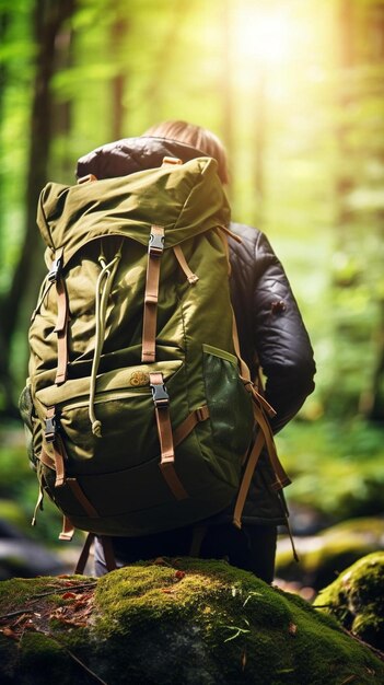 un uomo con uno zaino nella foresta