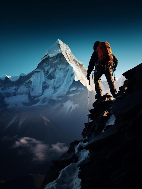 un uomo con uno zaino rosso è in piedi sulla cima di una montagna.