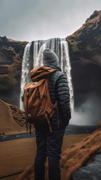 Un uomo con uno zaino si trova di fronte a una cascata