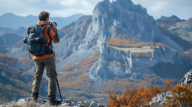 Un uomo con uno zaino sta scattando foto alle montagne