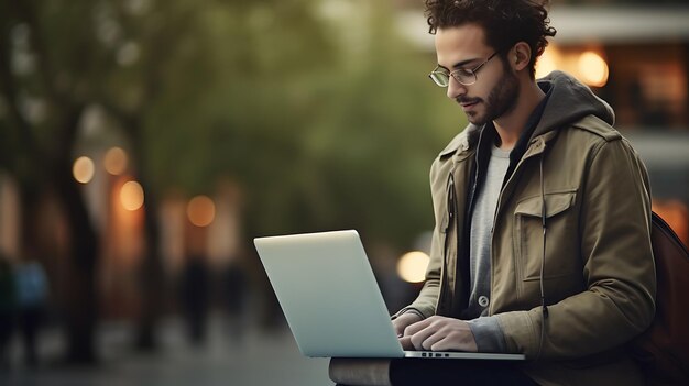 un uomo concentrato su un laptop creato con la tecnologia generativa dell'IA