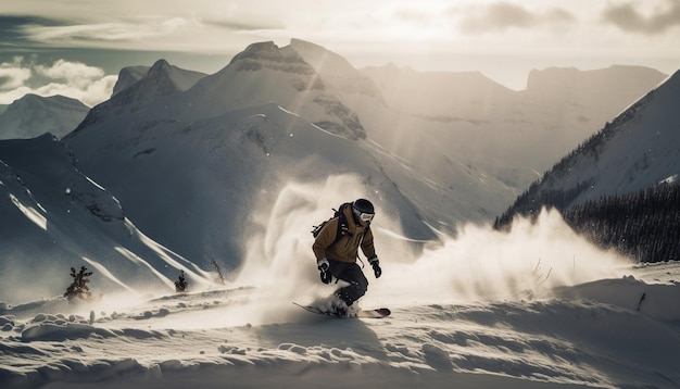 Un uomo conquista la vetta dell'avventura sullo snowboard generata dall'intelligenza artificiale