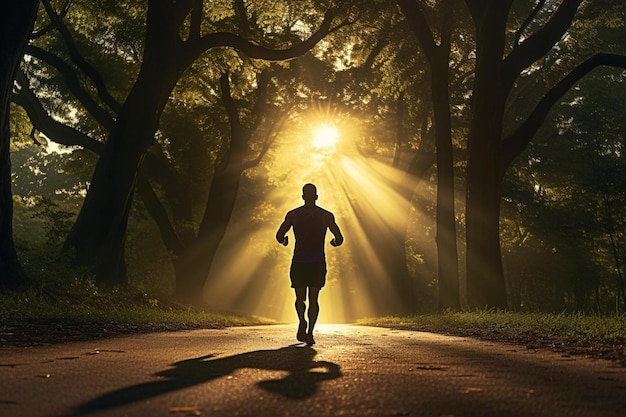 Un uomo corre nella foresta al tramonto