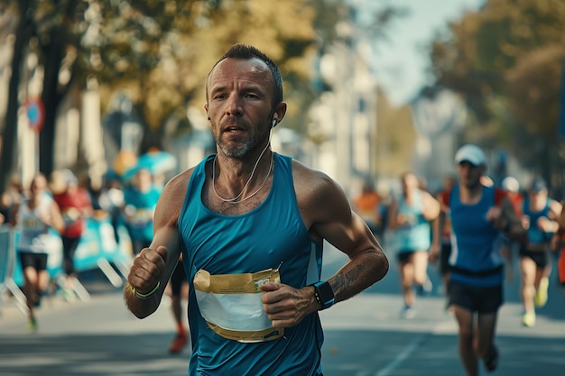 Un uomo corre una maratona con altri corridori