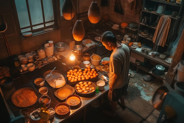 Un uomo cucina in una cucina con una lampada appesa al soffitto.