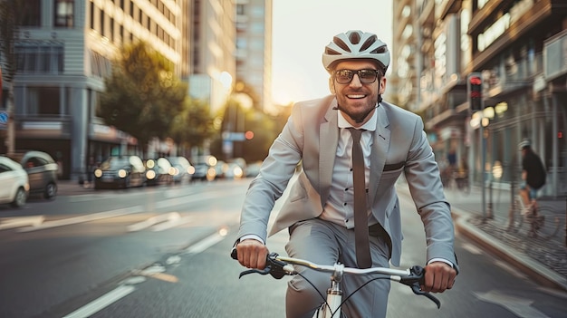 Un uomo d'affari allegro che va a lavoro in bicicletta per le strade della città promuovendo un modo di viaggiare ecologico e attivo