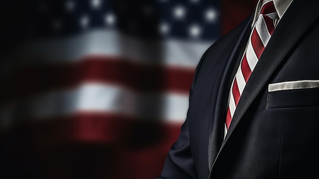 Un uomo d'affari americano di successo che indossa abiti formali con la bandiera americana sullo sfondo.
