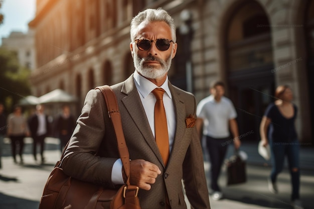 Un uomo d'affari anziano in abito e occhiali da sole.