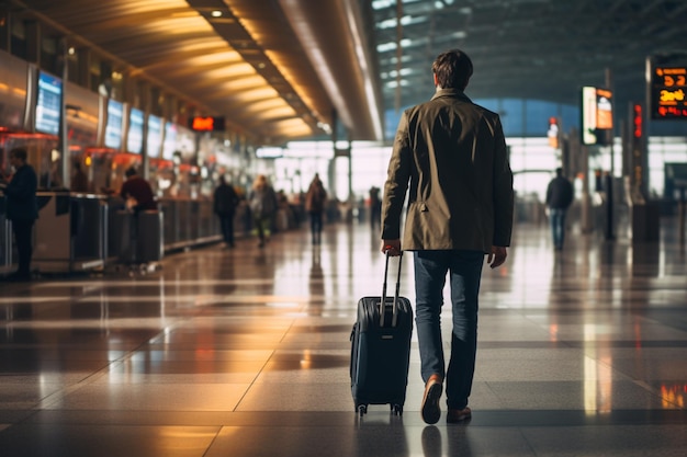 Un uomo d'affari attraversa il terminal delle partenze passeggeri portando una valigia da dietro