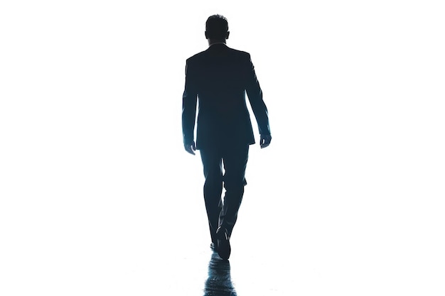 un uomo d'affari caucasico che cammina in retrospettiva in uno studio a silhouette isolato su uno sfondo bianco