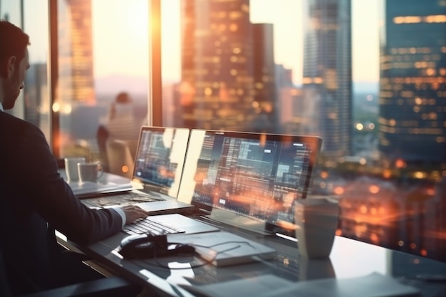 Un uomo d'affari che analizza i dati del mercato azionario mentre lavora in un ufficio con partizioni di vetro con un computer sullo sfondo una città con un grattacielo