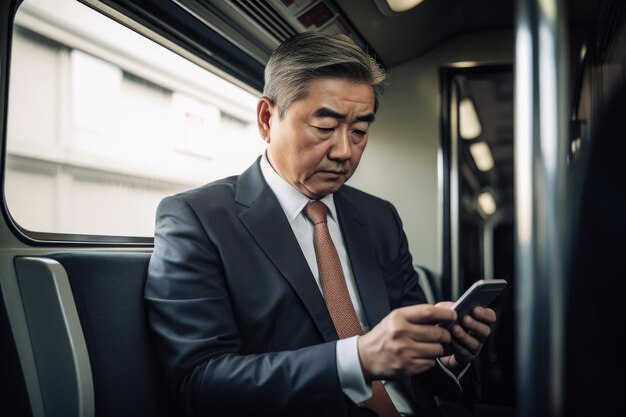 Un uomo d'affari che controlla il suo telefono mentre è sul treno