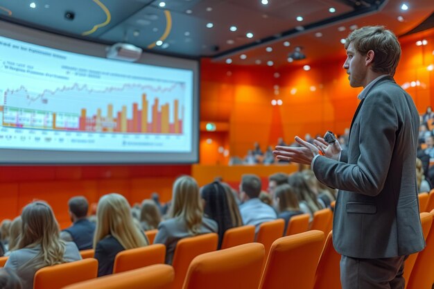 Un uomo d'affari che fa una presentazione in una sala conferenze