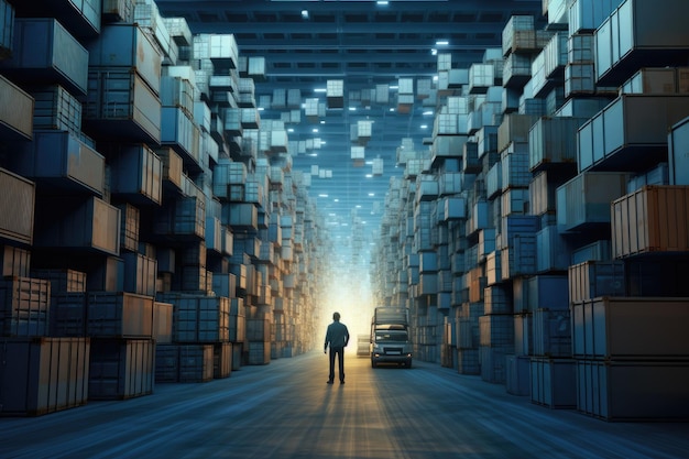 Un uomo d'affari che guarda il pannello di interfaccia virtuale della rete logistica globale per la distribuzione e il trasporto Smart Logistics Generative AI