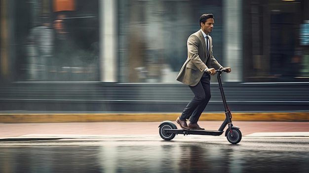 Un uomo d'affari che guida uno scooter per strada in città Generative Ai