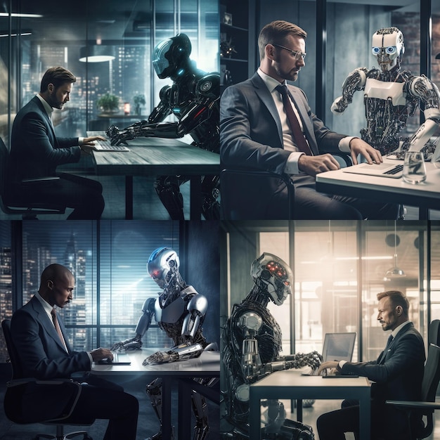 Un uomo d'affari che lavora a fianco di un cyborg di intelligenza artificiale in un ufficio Generative ai