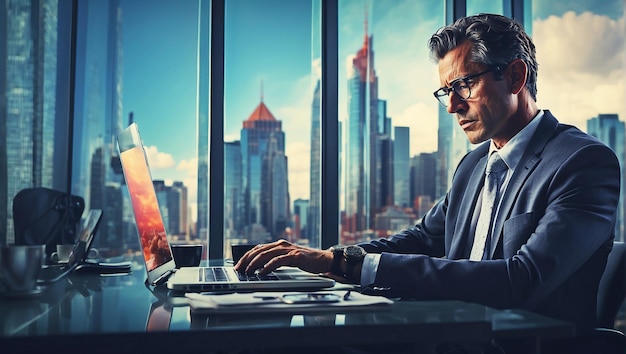 Un uomo d'affari che lavora su un computer portatile in ufficio con trasparenza che permette di vedere una moderna città lan