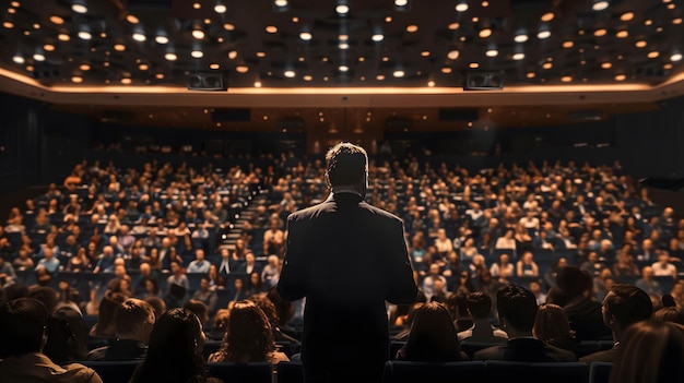 Un uomo d'affari che parla sul palco a una grande folla in un auditorium